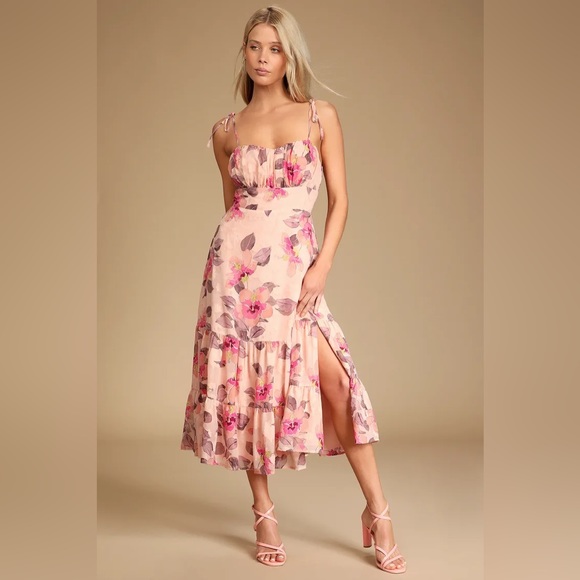 Lulus Tea Party Chic Pink Floral Tie-Strap Tiered Midi Dress - NWT Size M - Picture 1 of 6